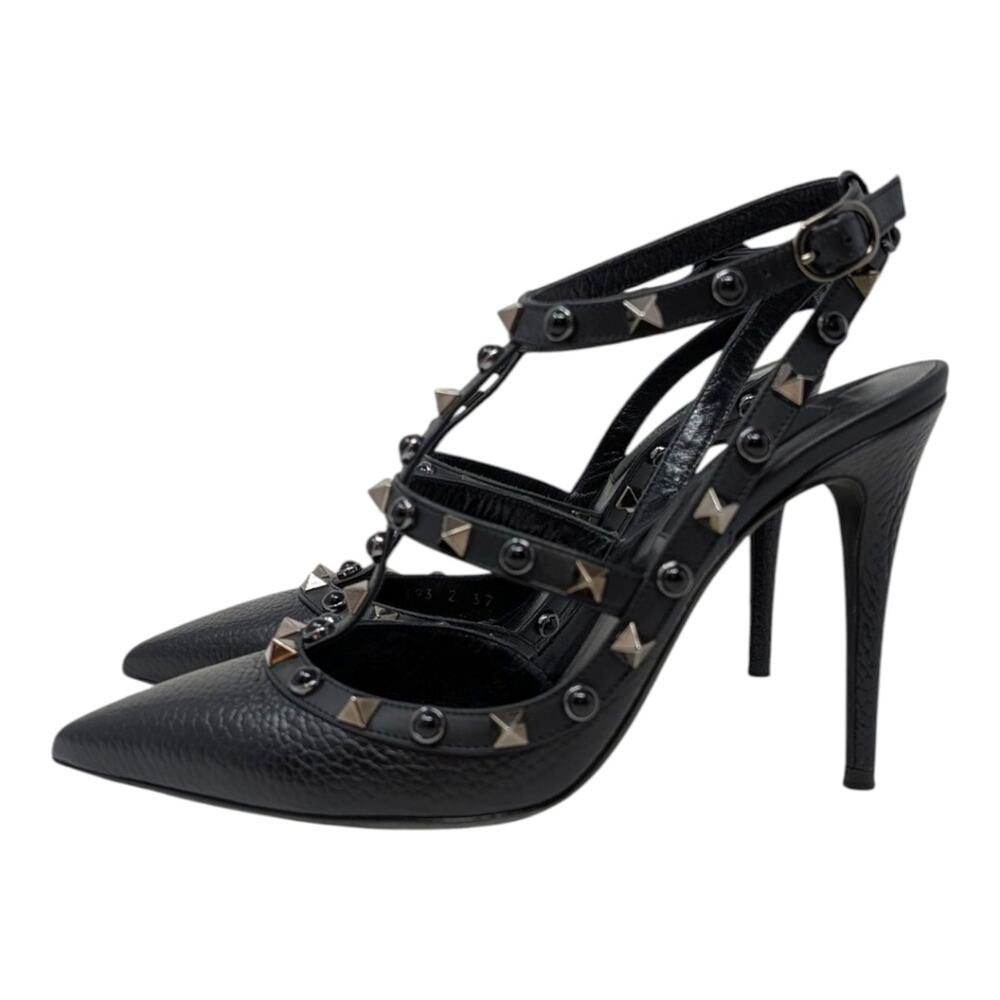 Valentino Pebbled Leather Onyx Rockstud Rolling Ankle Strap 100mm Pump Black 37 - Picture 4 of 12